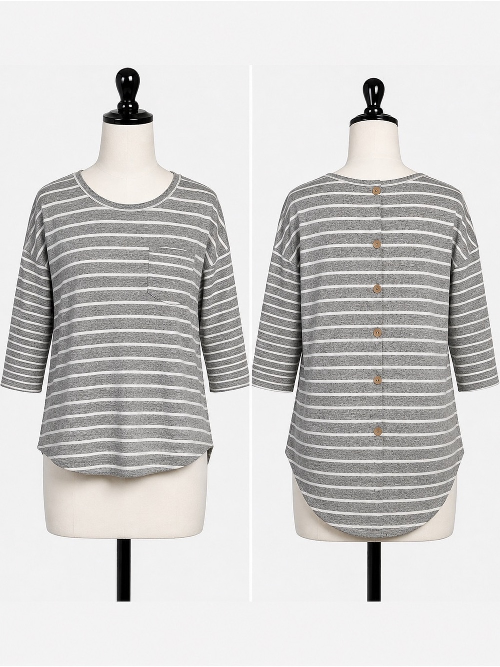 MISIA Women’s XL Gray & White Striped Soft Knit Blouse | Drop Shoulder